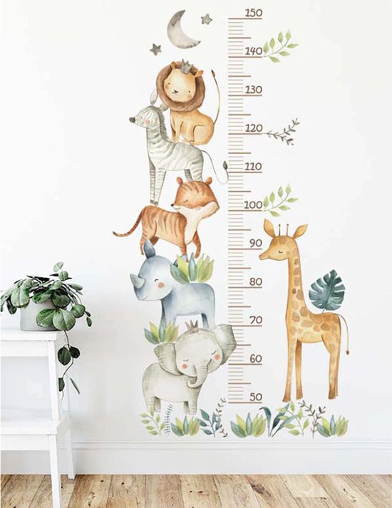 Sticker mural toise avec animaux et échelle jusqu'à 150cm. Lion, zèbre, tigre, rhinocéros, éléphant, girafe avec des feuilles.
