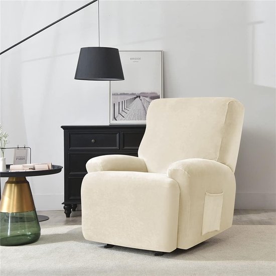 Stoelhoezen met zakken, effen kleur, fluwelen fauteuilhoezen, 4 stuks, polyester spandex meubelbeschermer, antislip hoes voor fauteuil voor woonkamer (beige)