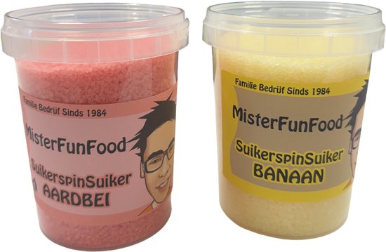 Foto: Suikerspin suiker 2 x 400 gram banaan en aardbei misterfunfood suikerspinsuiker 