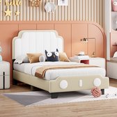 Kinderbed gestoffeerd bed 90*200 cm, PU leer Tweekleurig, geschikt voor jongens en meisjes, unieke styling met lattenbod platbed, Beige (matras niet inbegrepen)