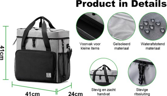 Brisby Sac isotherme 4 couches – Sac à déjeuner 40 litres – Zwart Grijs