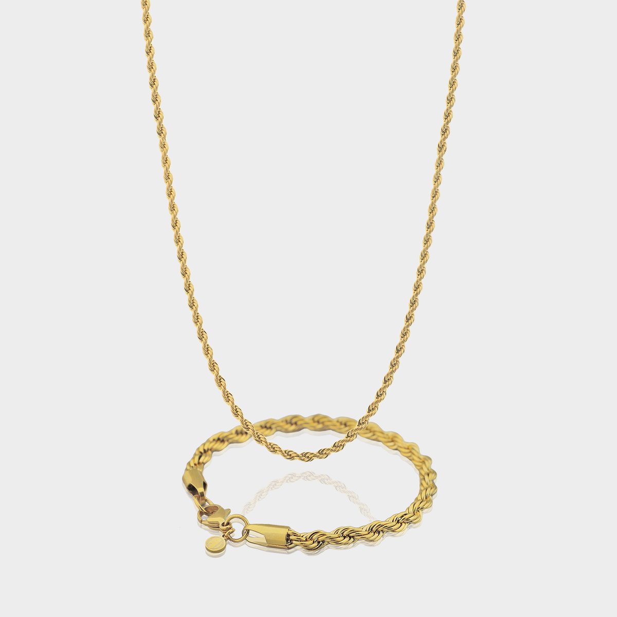 Rope Ketting 3 mm x Rope Armband 5 mm - Gouden Schakelketting en Schakelarmband Heren - 50/21 cm lang - Olympus Jewelry