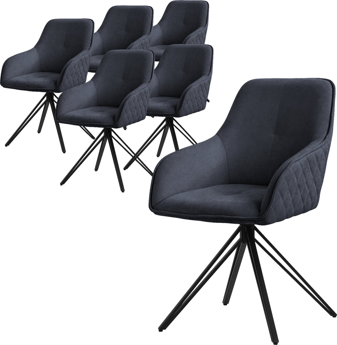 ml-design eetstoelen set van 6 stof in antraciet stoel met arm en rugsteunen 360° draaibaar gestoffeerde zitmeubels met metalen poten ergonomische fauteuil voor woonkamer keuken of lounge Zwart
