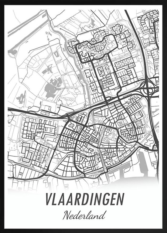 Poster Plattegrond Vlaardingen in zwart/wit . Ook leuk als cadeau. 50x70cm met zwarte lijst