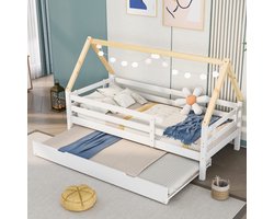 Sweiko Huisbed, dagbed, Eenpersoonsbed, Kinderbed, uitschuifbaar bed, schuifbed met zwenkwielen eronder, massief hout, Wit bed, Natuurlijk gekleurde dakspant (90x200cm)