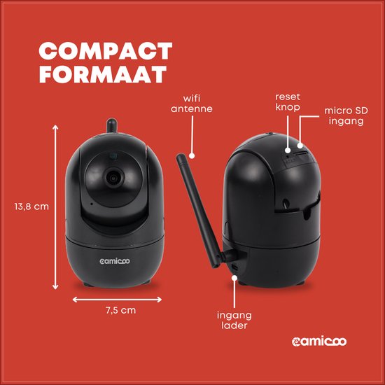 Camicoo® Beveiligingscamera binnen - Huisdiercamera met app - Hondencamera - Petcam - Incl. 32GB SD - Ultra HD 2K 3MP - Eenvoudige Installatie - Volgt beweging en geluidsdetectie - Alexa, Google Assistant en 5GHz compatibel - Indoor camera - Zwart