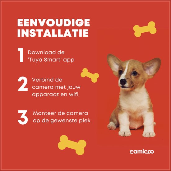 Camicoo® Beveiligingscamera binnen - Huisdiercamera met app - Hondencamera - Petcam - Incl. 32GB SD - Ultra HD 2K 3MP - Eenvoudige Installatie - Volgt beweging en geluidsdetectie - Alexa, Google Assistant en 5GHz compatibel - Indoor camera - Zwart