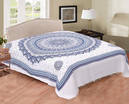 2 persoons Sprei - Zomer laken - wit/blauw - slaapkamer decoratie - 230x210 - Duurzaam katoen