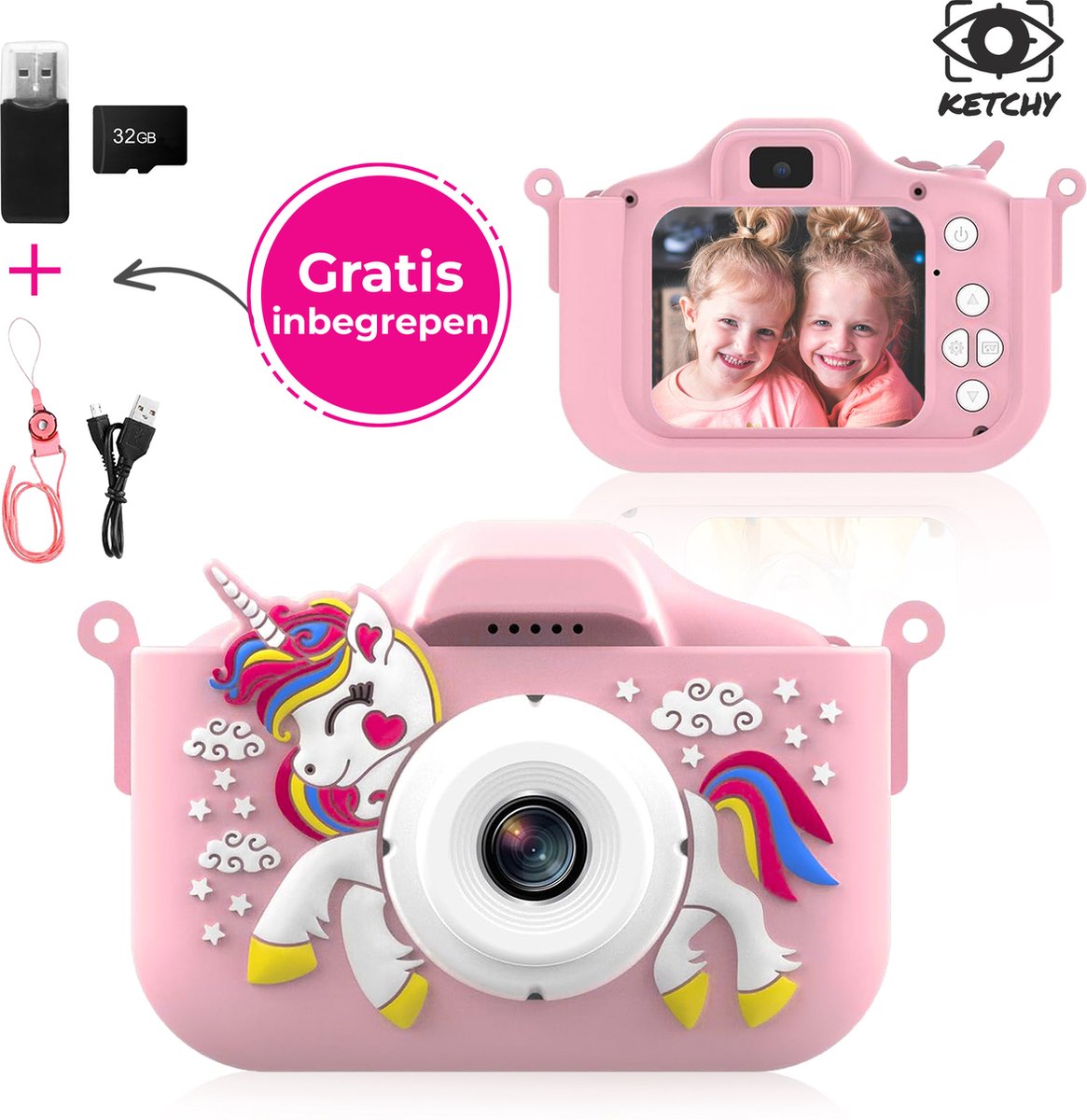 Ketchy Kindercamera Unicorn – Digitale Camera voor Kinderen – 32GB SD Kaart – Foto & Video – Speelgoed Camera met Spelletjes – Cadeau 3-8 jaar