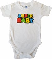 Witte romper met "Super baby" - 6 maanden - babyshower, zwanger, cadeautje, kraamcadeau, grappig, geschenk, baby, tekst, bodieke, gamen