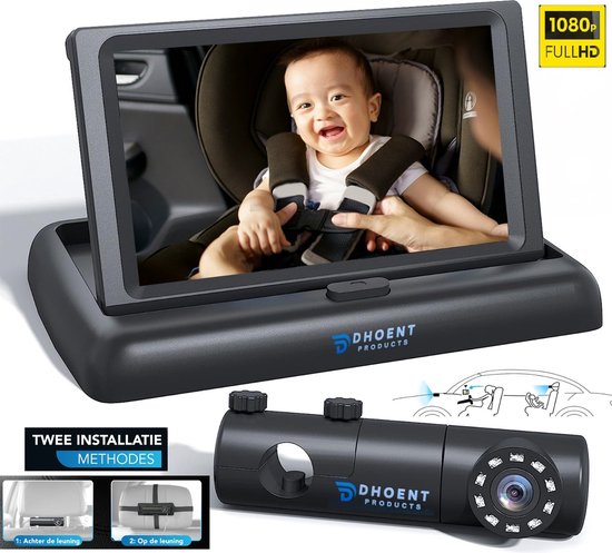 DHOENT PRODUCTS® Baby Camera – Autospiegel – Babyspiegel Auto – Nachtvisie 180° Rotatie - 4.5 Inch Monitor - Gratis Nylon Opbergzakje + Anti-Slipmat