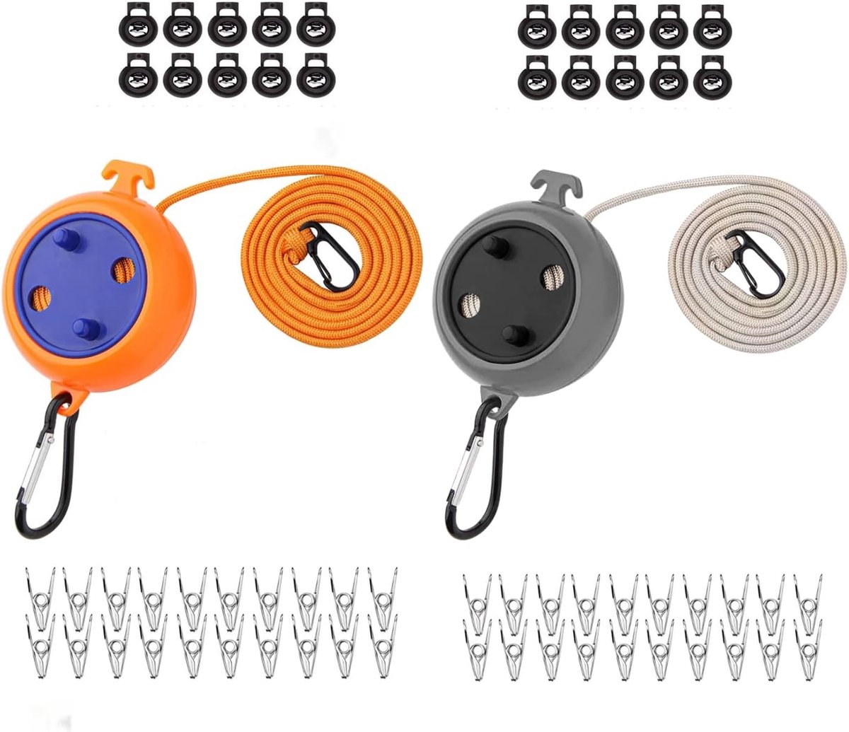 Goedkoopste 2 stuks waslijn, uittrekbaar, 8 m waslijn, camping, draagbaar, reizen, vakantie, outdoor/binnen, wasrek met stopper en winddichte wasknijpers, zwart oranje