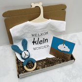 Baby kraamcadeau - brievenbus cadeau baby - welkom klein wonder - bijtring rammelaar konijn blauw handgemaakt - slabbetje met tekst - baby geschenk