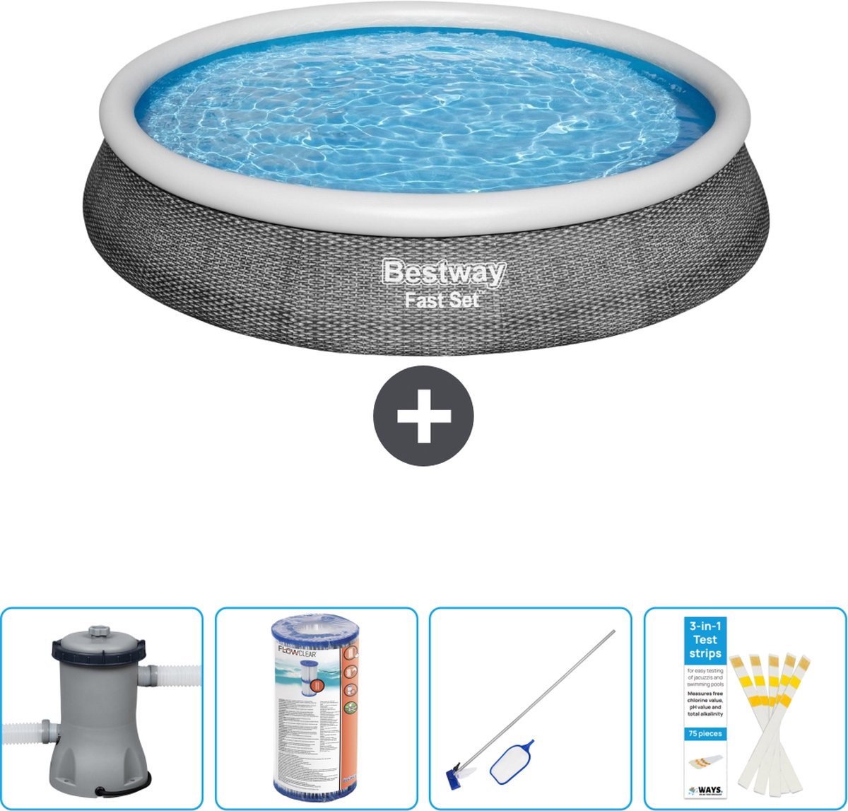 Bestway Rond Opblaasbaar Fast Set Zwembad – Rotanprint – 396 x 84 cm – Inclusief Pomp Filter – Schoonmaakset – Testrips Bestway Rond Opblaasbaar Fast Set Zwembad – Rotanprint – 396 x 84 cm – Inclusief Pomp Filter – Schoonmaakset – Testrips