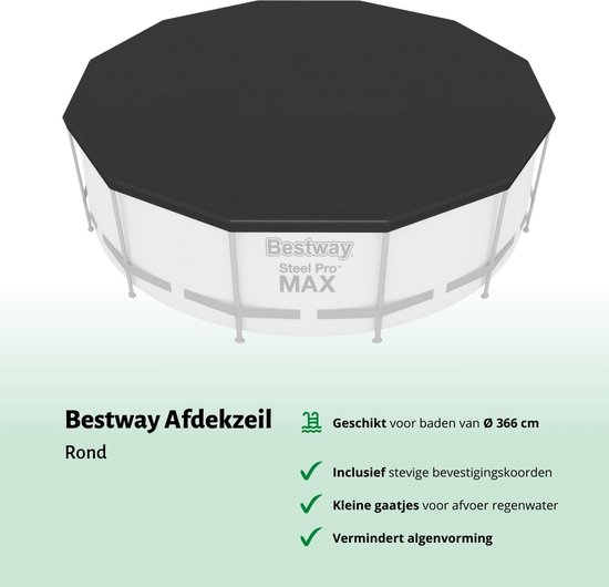 Zwart rond afdekzeil met een diameter van 366 cm, voor Bestway Steel Pro MAX zwembaden.