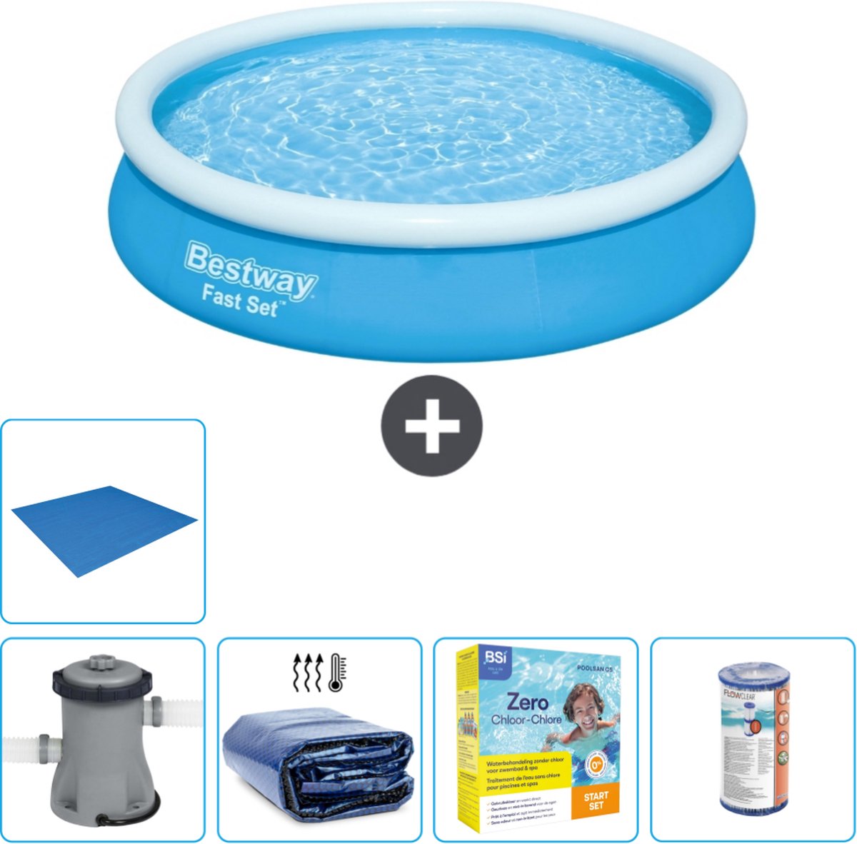 Bestway Rond Opblaasbaar Fast Set Zwembad - 366 x 76 cm - Blauw - Inclusief Pomp Solarzeil - Onderhoudspakket - Filter - Grondzeil