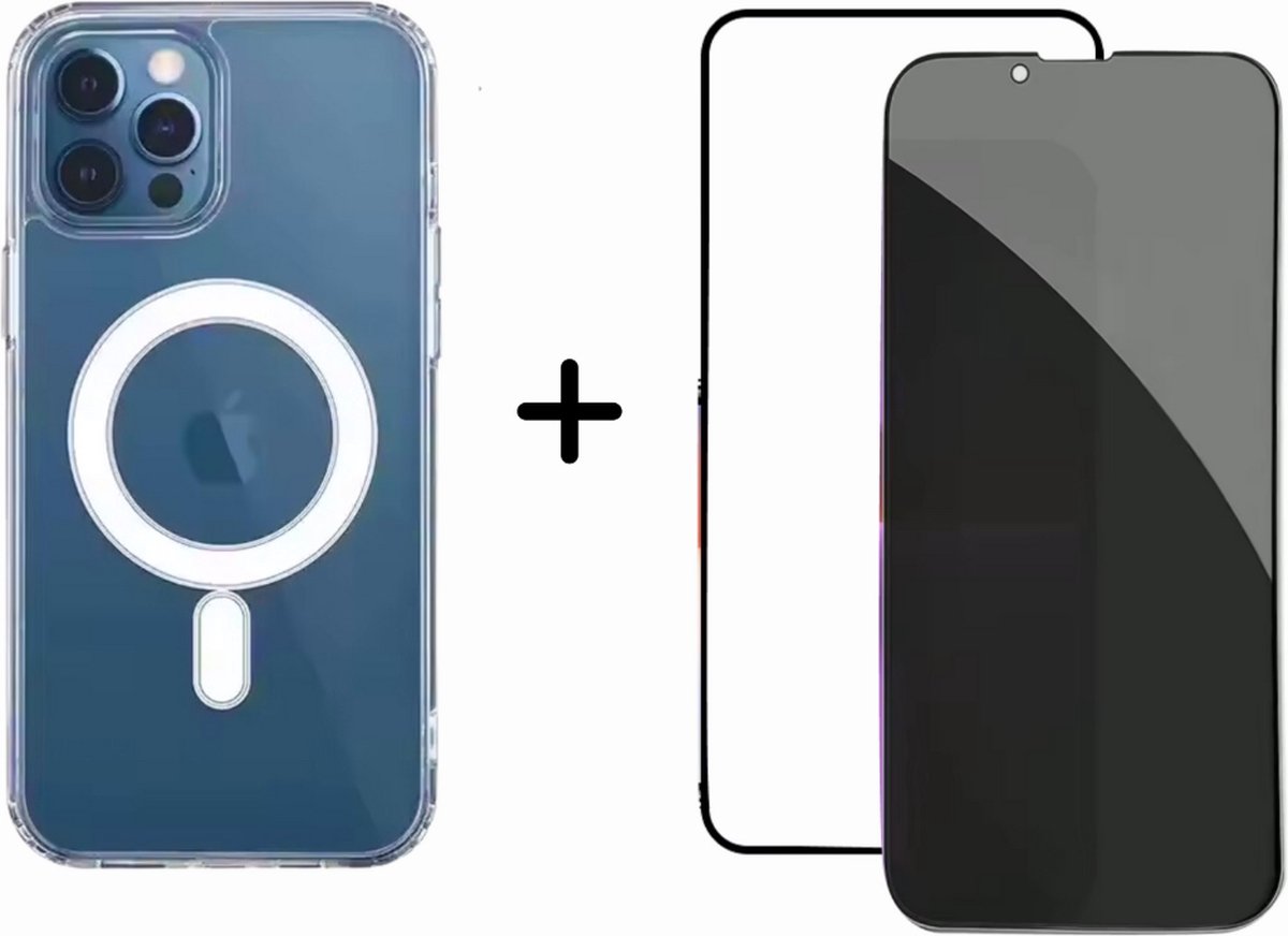 Optimity hoesje voor iPhone 14 PRO MAX Clear Case Magnetic Schokbestendig Transparant + Privacy Anti-Spy Gehard Glas Schermbeschermer
