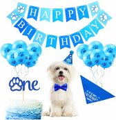 17-delige honden verjaardags set Happy Birthday blauw - hond - huisdier - verjaardag - slinger - hoed - ballon taart topper - one