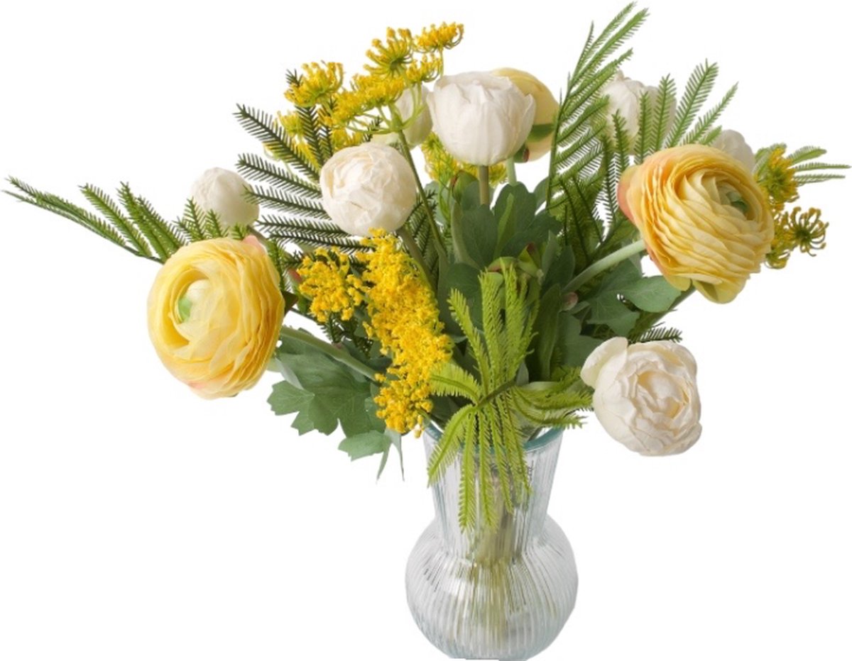 WinQ-Fris Voorjaarsboeket Kunstbloemen in Geel met Wit - Kunstbloemenboeket zijde - ex. vaas