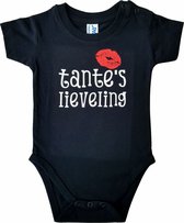 Zwarte romper met "Tante's lieveling" - 6 maanden - babyshower, zwanger, cadeautje, kraamcadeau, grappig, geschenk, baby, tekst, bodieke