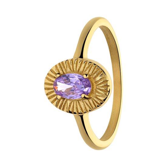 Lucardi Dames Stalen goldplated vintage ring bewerkt met paars zirkonia - Ring - Staal - Goudkleurig - 20 / 63 mm