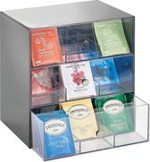 Boîte à thé - organiseur de cuisine/boîte de rangement pour sachets de thé, dosettes de café, sucre et plus encore - avec 27 compartiments et 3 tiroirs/plastique - anthracite/transparent