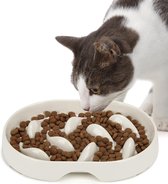 Anti-schrokbak voor katten en kleine honden, slow feeder, kat, antislip, langzaam eten hond met hoge rand tegen uitvallen (19 x 14 cm, wit)