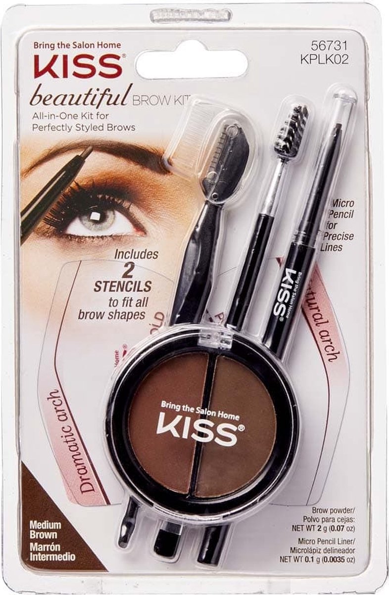 Kiss Wenkbrauwkit Beautiful Brow Kit - 4 stencils + trimmesje - 2 wenkbrauwkleuren - Brush