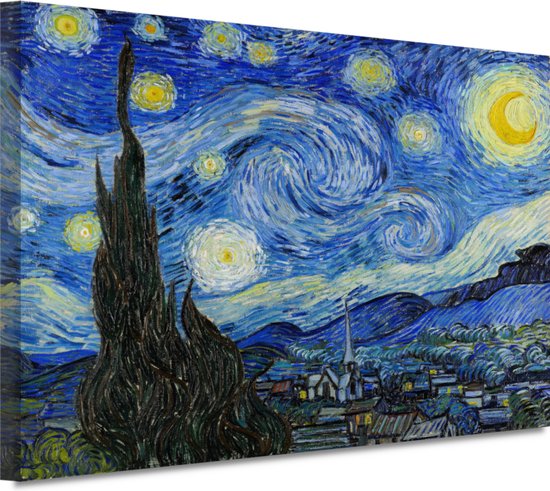 Sterrennacht - Vincent van Gogh portret - Sterrenhemel wanddecoratie - Canvas schilderijen Natuur - Muurdecoratie landelijk - Canvas schilderij - Slaapkamer decoratie 70x50 cm