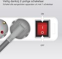 Detail van een witte stekkerdoos met een grote rode aan/uit-schakelaar.