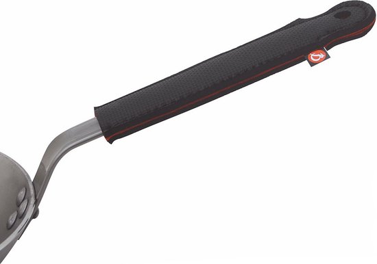 Zwarte neopreen panhandgreep sleeve met rode bies en antislip textuur, met oranje de Buyer logo.