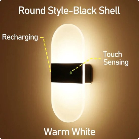 Dimbaar LED Wandlamp Oplaadbaar - Zonder Boren & Stroom - Touch Control - Op Accu - Binnen Woonkamer Leeslamp Hotel Lamp, Nachtlamp - Muur Decoratie Verlichting - Zwart Ovaal