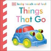 Een blauw speelgoedautootje met gele wielen, een rode binnenkant en groene koplampen, op de voorkant van het DK baby touch and feel Things That Go boek.
