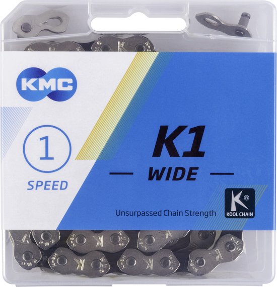 KMC K1 WIDE 1 SPEED fietsketting in verpakking. Zilverkleurige schakels met zwarte accenten.