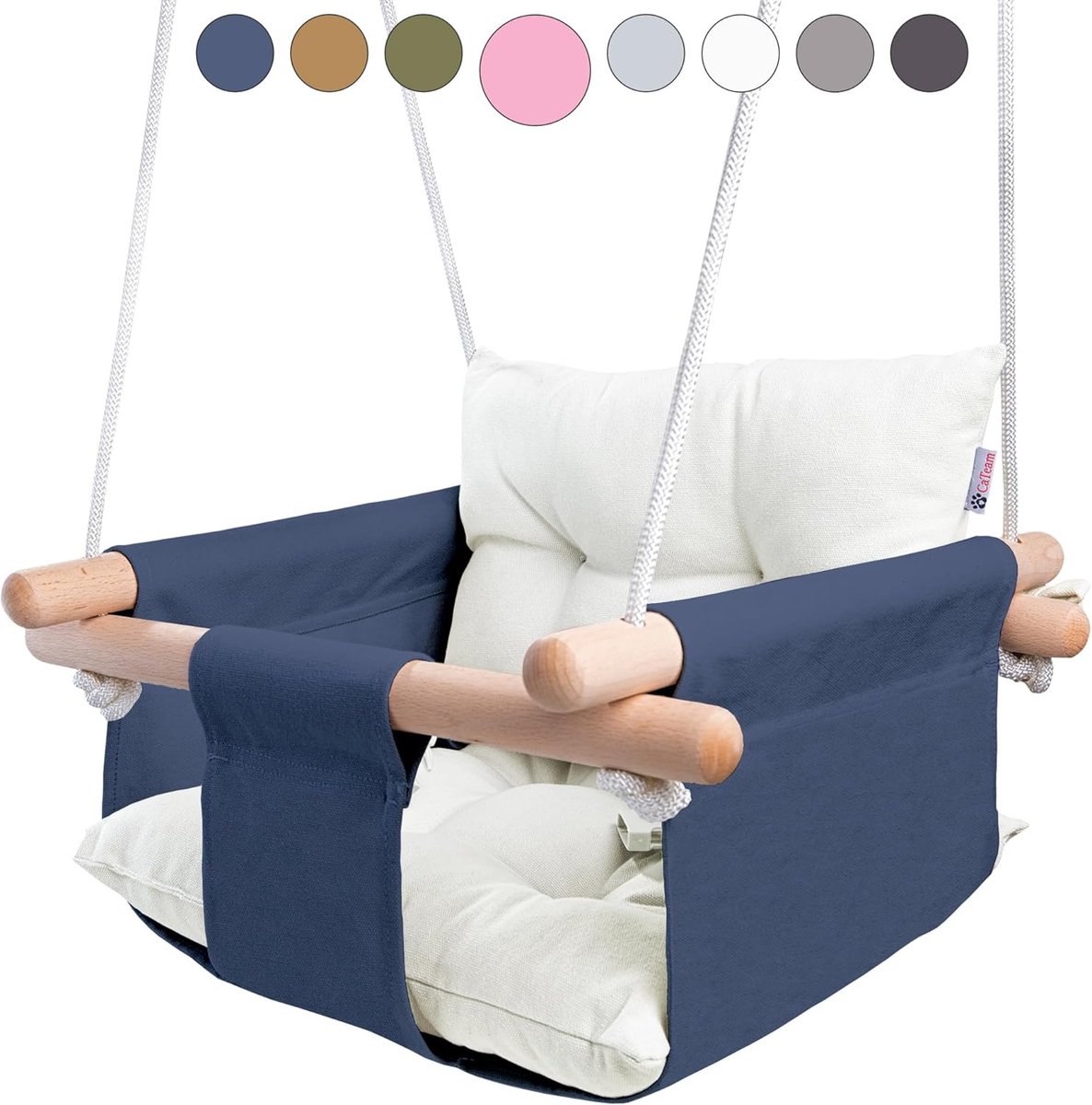 Goedkoopste Babyschommel van zeildoek, hangende schommelstoel van hout met veiligheidsgordel, duurzame babyhangmatstoel, schommel voor binnen en buiten, inclusief montagemateriaal, blauw