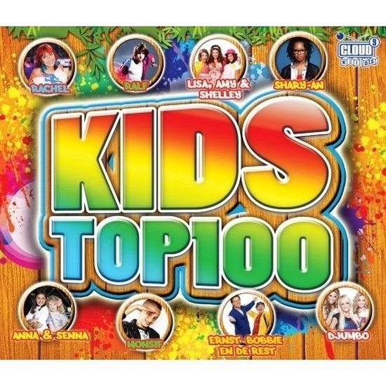 Cover van 'Kids Top 100' CD met artiesten in cirkelvormige foto's.
