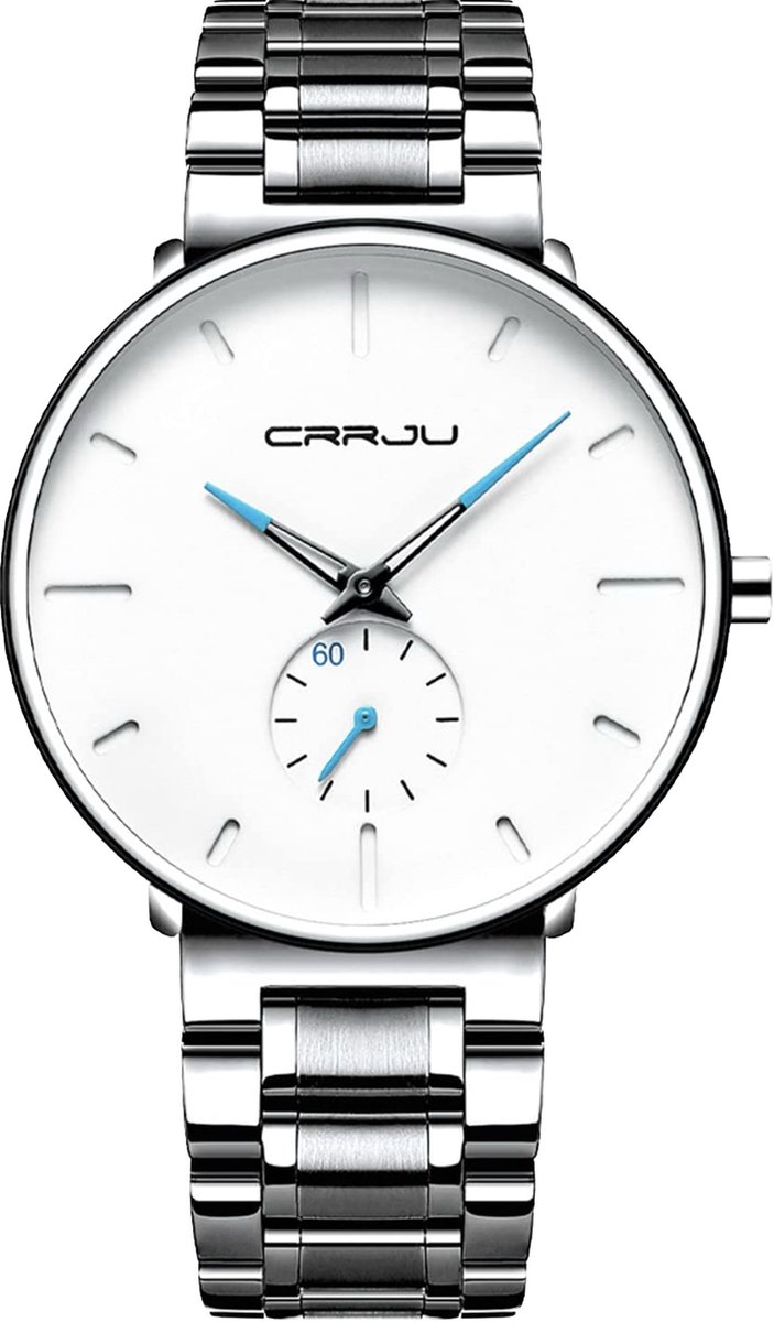 CRRJU Horloge - Zilverkleurig - Blauw - Heren - Analoog - Ø 35 mm - staal