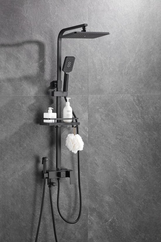 Edmondo Compleet Douchesysteem - ABS Doucheset - Hoofddouche & Handdouche & Bidet Sproeier & Baduitloop Kraan - Rechthoekige Regendouche - Verstelbare Regendouche - Mat Zwart