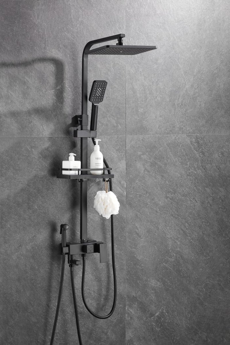 Edmondo Compleet Douchesysteem - ABS Doucheset - Hoofddouche & Handdouche & Bidet Sproeier & Baduitloop Kraan - Rechthoekige Regendouche - Verstelbare Regendouche - Mat Zwart