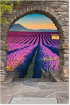 Tuinposter doorkijk - Lavendel - Bloemen - Heuvels - Natuur - Poort - Tuindecoratie - Tuin - Tuinschilderij voor buiten - 120x180 cm - Tuindoek - Schuttingdoek - Schutting decoratie - Muurdecoratie buiten