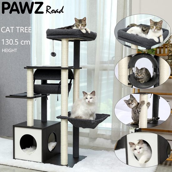 PETEPELA Houten krabpaal, 143 cm, moderne kattenkrabpaal met grote hangmat, top bed, vol sisaltouw, zuil, beige