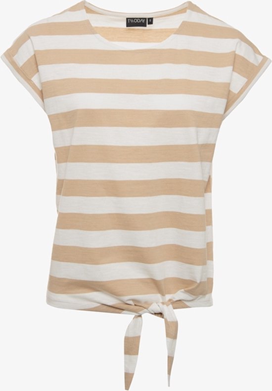 TwoDay gestreept dames T-shirt met knoop beige - Maat XXL