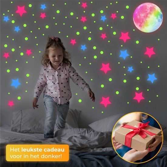 Nuvance - Glow in the Dark Sterren en Maan - 444x - Muurstickers Slaapkamer en Kinderkamer - Stickers - Sterrenhemel - Multicolor