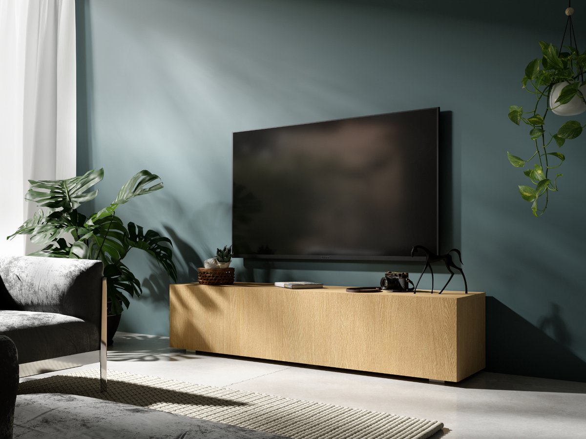 Mobistoxx Tv Meubel - Tv Kast - Eik - 140 cm - Klapdeur met 3 Vakken - Met Gasveren en Kabeldoorgangen - Tv Kast Hout - Televisiemeubel Kingston