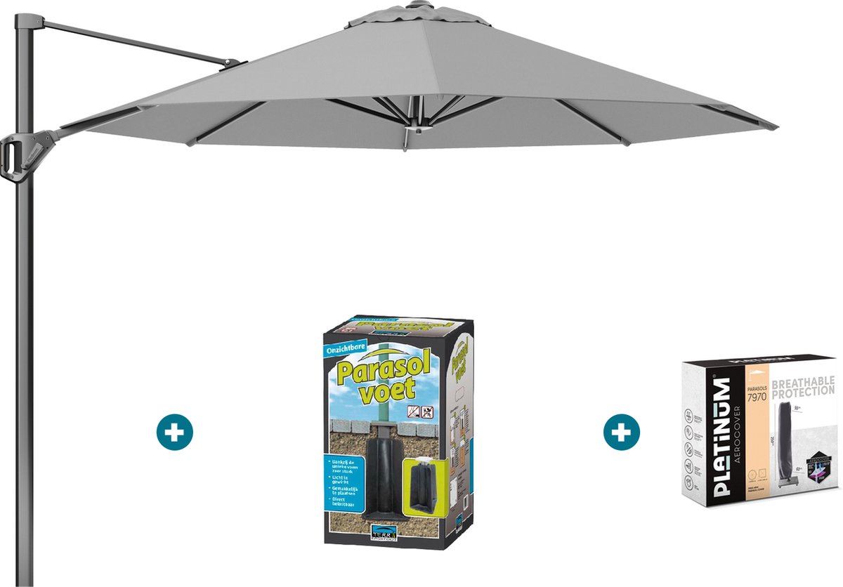 Platinum Voyager ronde zweefparasol T1 3 m. - Light Grey met ingraafvoet en hoes