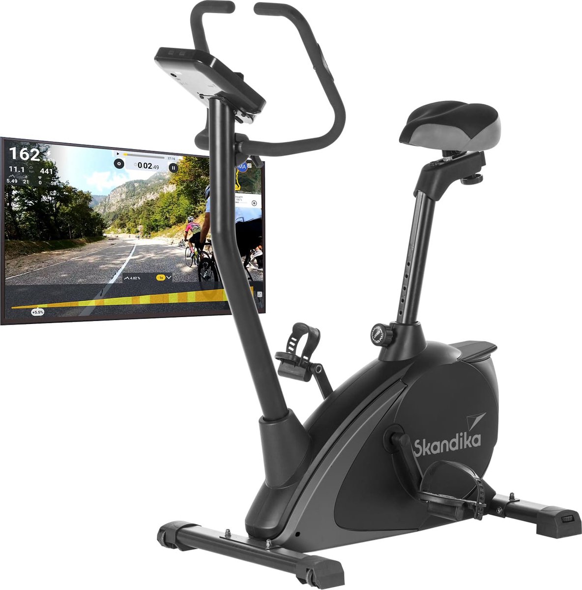 Skandika Vinneren Design Hometrainer Fiets - Hometrainers - Hometrainer fitness – Hometrainer ergometer fitnessbike met Magnetisch Remsysteem, 11 kg Vliegwielmassa, 12 Trainingsprogramma's, Tablet Houder, Bluetooth en App Controle – zwart