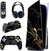 DiverseGoods Skin Sticker geschikt voor ps5 Disc Editie,Skin Vinyl Decal voor ps5 Controller,Beschermhoes Huid Folie voor ps5 Console & Laadstation & Headset & Media Remote-Zwart&Goud Marmer