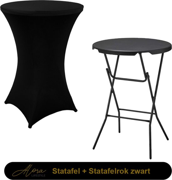 1x Zwarte Statafel + Zwarte Statafelrok x 1 – ø80 cm x 110 cm hoog - Cocktailtafel - Hoge staan tafel - Breed Blad - Inclusief zwarte Statafelhoes - Staantafelrok Stretch - Bartafel rond - Sta tafel Horeca