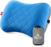Opblaasbaar camping/reiskussen met afneembare kussensloop, ergonomisch hoofdkussen, comfortabel nekkussen voor reis/outdoor, opblaasbaar reiskussen, blauw/zwart/grijs