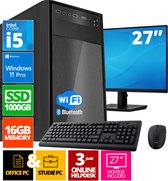 Intel Compleet PC SET | Intel Core i5 | 16 GB DDR4 | 1 TB SSD + 27 Inch Monitor + Muis + Toetsenbord | Windows 11 Pro + WiFi & Bluetooth